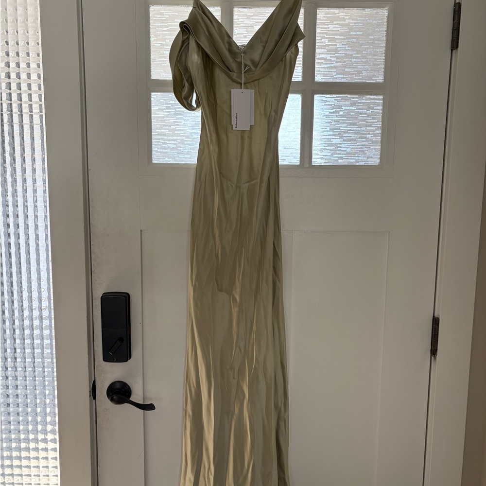 Reformation Green Embellished Tiered Gown Wedding Guest